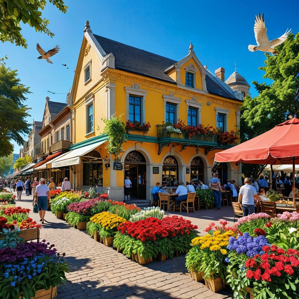 A picturesque landscape featuring iconic local attractions like a charming historic building, a vibrant farmer's market, and lush green parks. Include a diverse group of people interacting, highlighting community spirit and engagement. Capture elements of nature with blooming flowers and birds in the sky for a lively atmosphere. super-realistic. vibrant colors. sunny background.