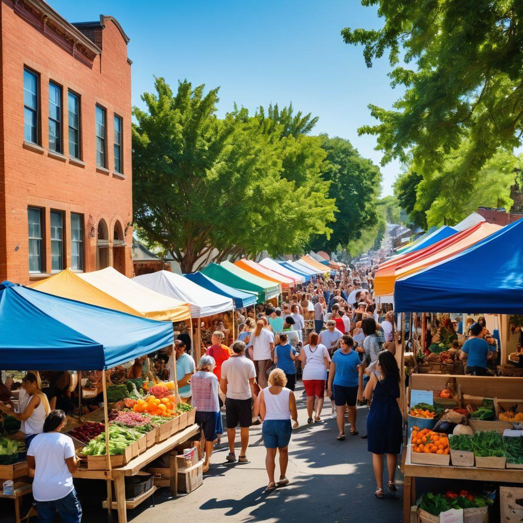 A vibrant neighborhood scene showcasing diverse groups of people engaging in various community events, such as a farmers market, art fair, and outdoor concert. Include inviting elements like colorful booths, children playing, and neighbors chatting, all under a bright blue sky. Emphasize inclusivity and the joy of community connection. super-realistic. vibrant colors. 3D.